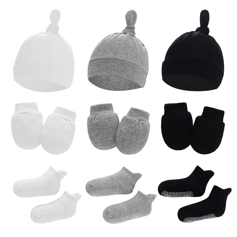 Foreign Trade European and American Newborn Fetal Cap Knotted Hat Baby Gloves Glue Point Babies‘ Socks Three-Piece Set 892202