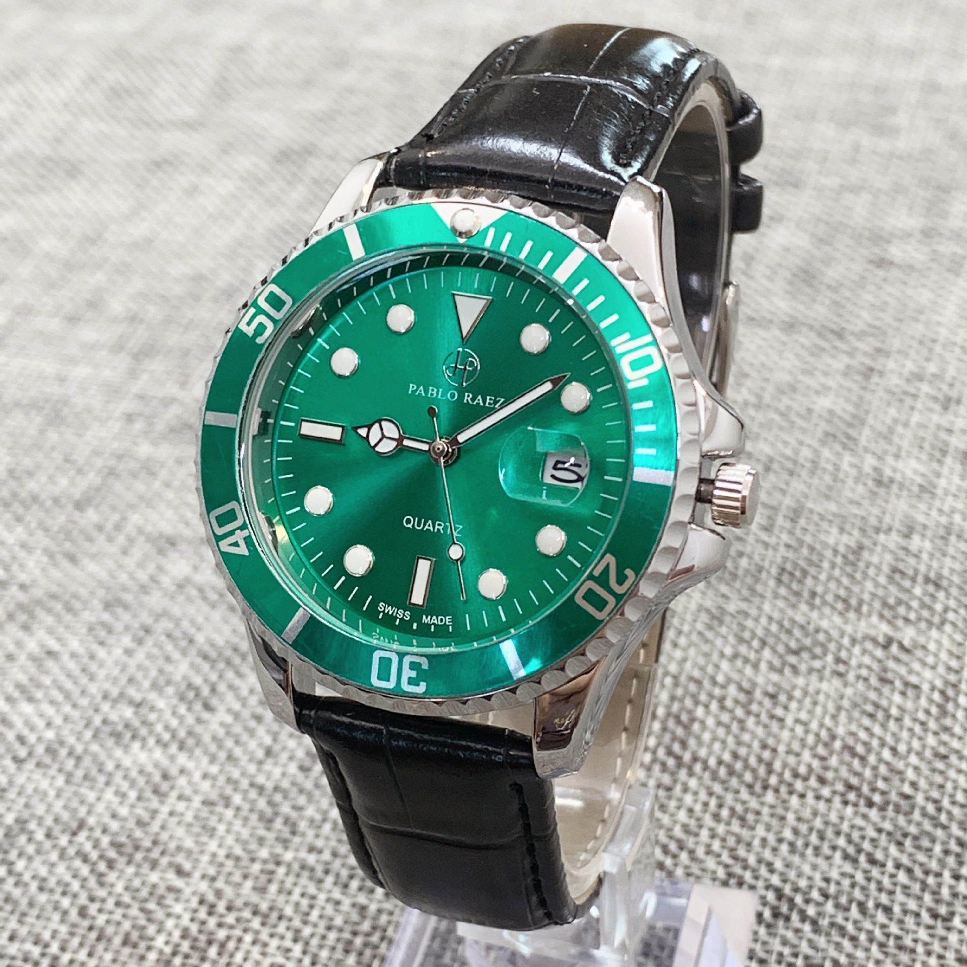 pablo raez黑绿表盘运动时尚夜光男士皮带腕表石英表休闲手表包邮