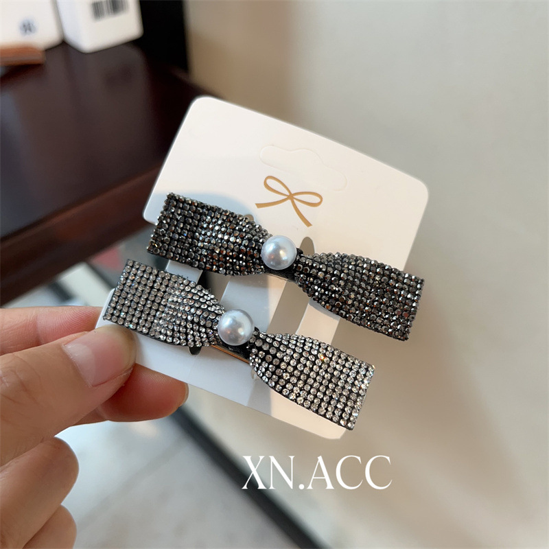 高级感水钻发夹女蝴蝶结珍珠边夹弹簧夹前额刘海夹简约发卡发饰