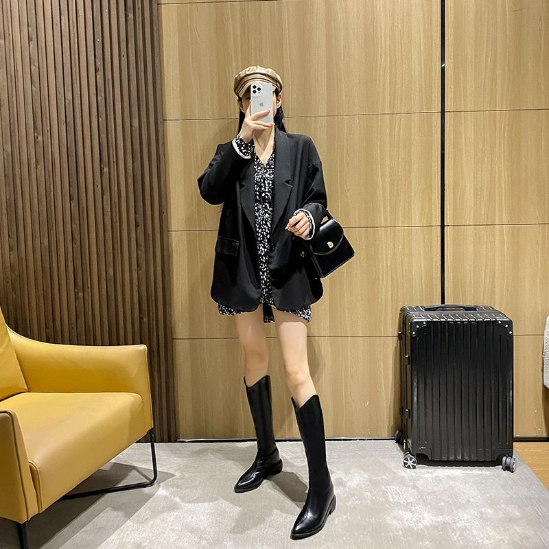 内增高西部牛仔靴女2022显瘦高筒白色长靴尖头不过膝小个子骑士靴