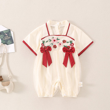 网红婴儿衣服夏季短袖女宝宝爬服中国风满月公主连体衣夏装汉服薄