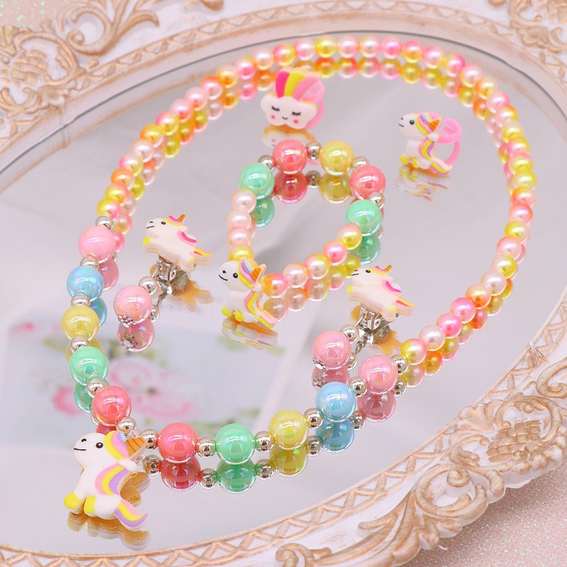 Children's Necklace, Bracelet Set Cute Cartoon Unicorn Girl Necklace Student Bead String Jewelry