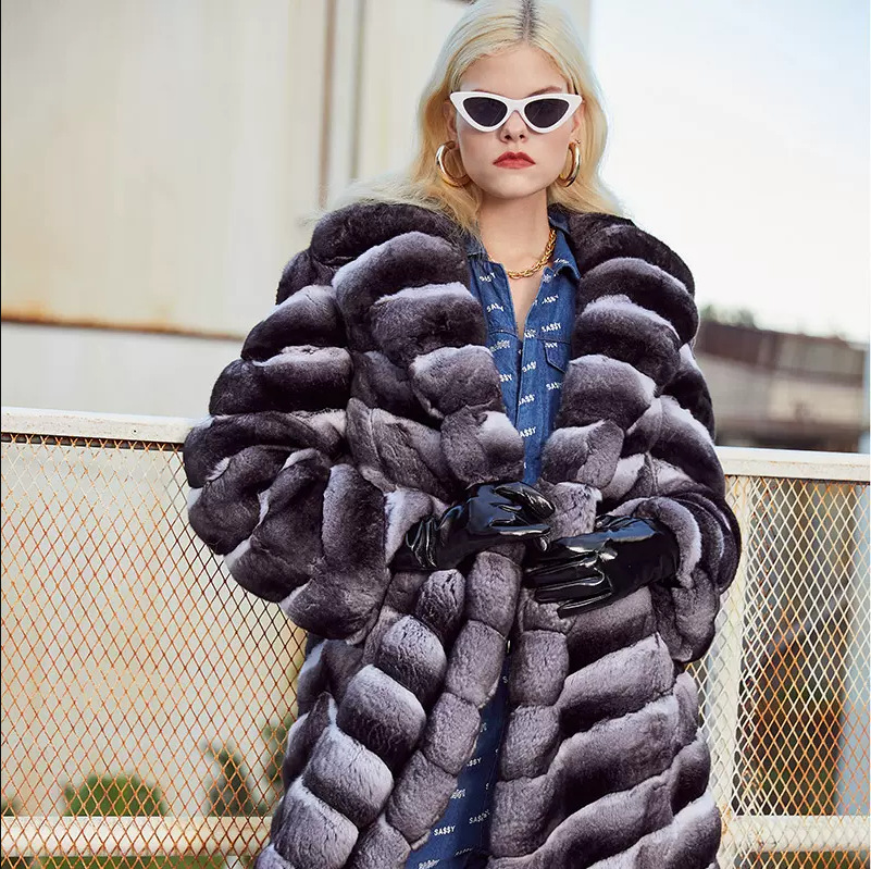 进口南美洲栗鼠皮草长款大衣青紫蓝西装领龙猫女款斜纹外套女款整