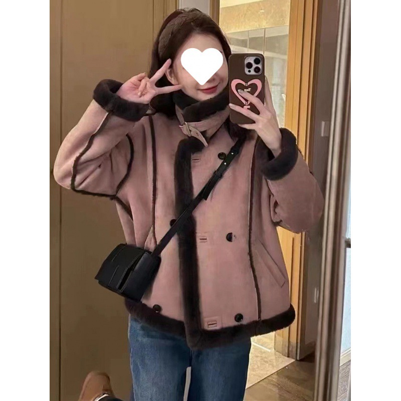 2024新款秋冬季感帅气皮毛一体机车服加厚小香风羊羔毛外套女