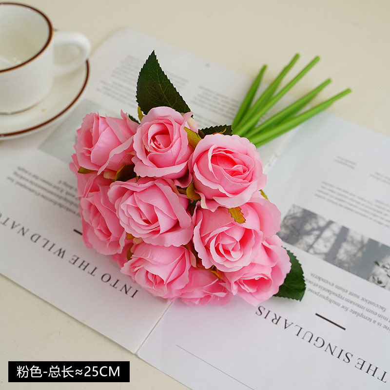 Korean Wedding Bridal Bouquet Bunch of 12-Head Bunch of Small Roses Home Decorative Fake Flower Simulation 12-Head Small Roses