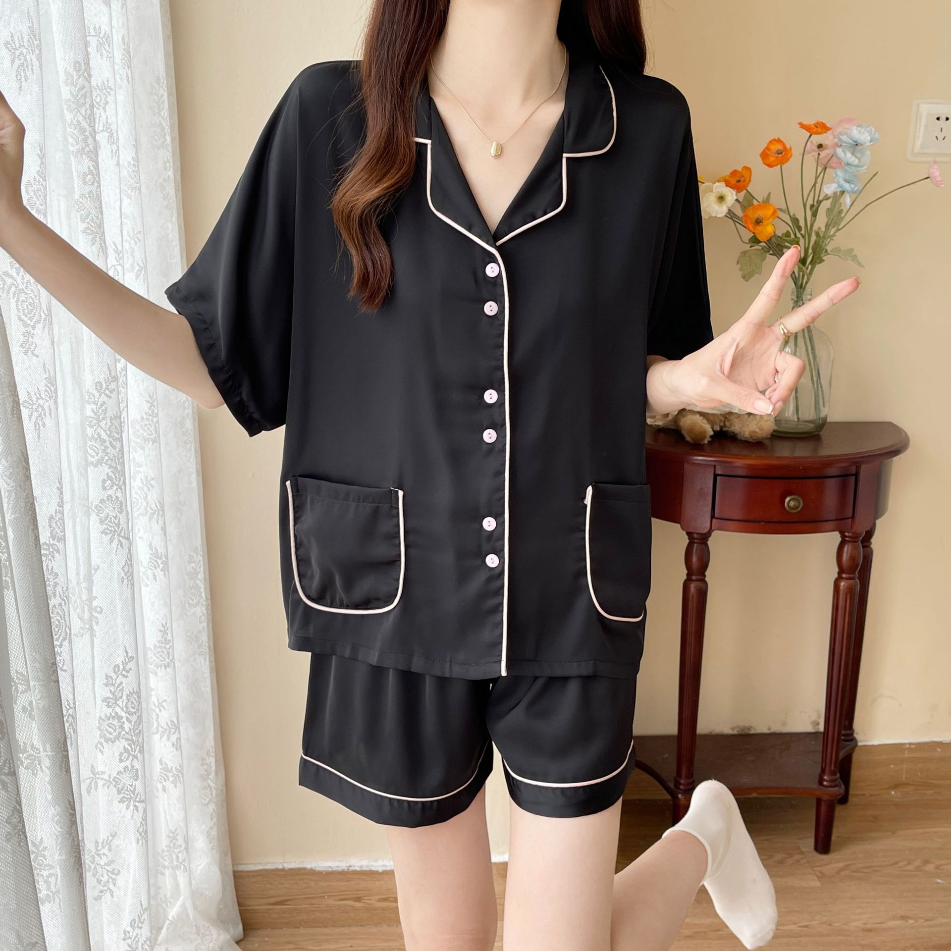 Summer Thin Ice Silk Pajamas Women's High-Grade Sweet Cute Short Sleeve Artificial Silk Outerwear Homewear Suit