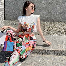夏季新款无袖美式复古印花短袖T恤女韩版时尚设计感小众纯棉上衣
