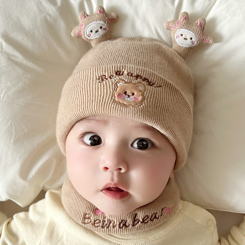 Bena Bear Children's Hat Scarf Set Men's and Women's Baby Wool Cap Cartoon Bear Warm Toddler Knitted Hat