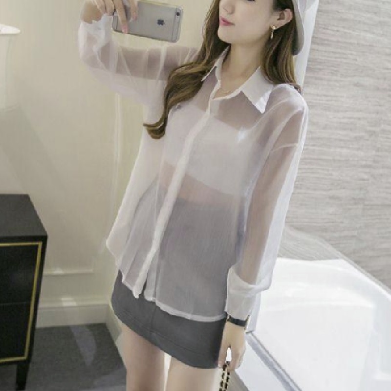 春款雪纺纱透明衬衫女长袖衬衣超薄空调上衣