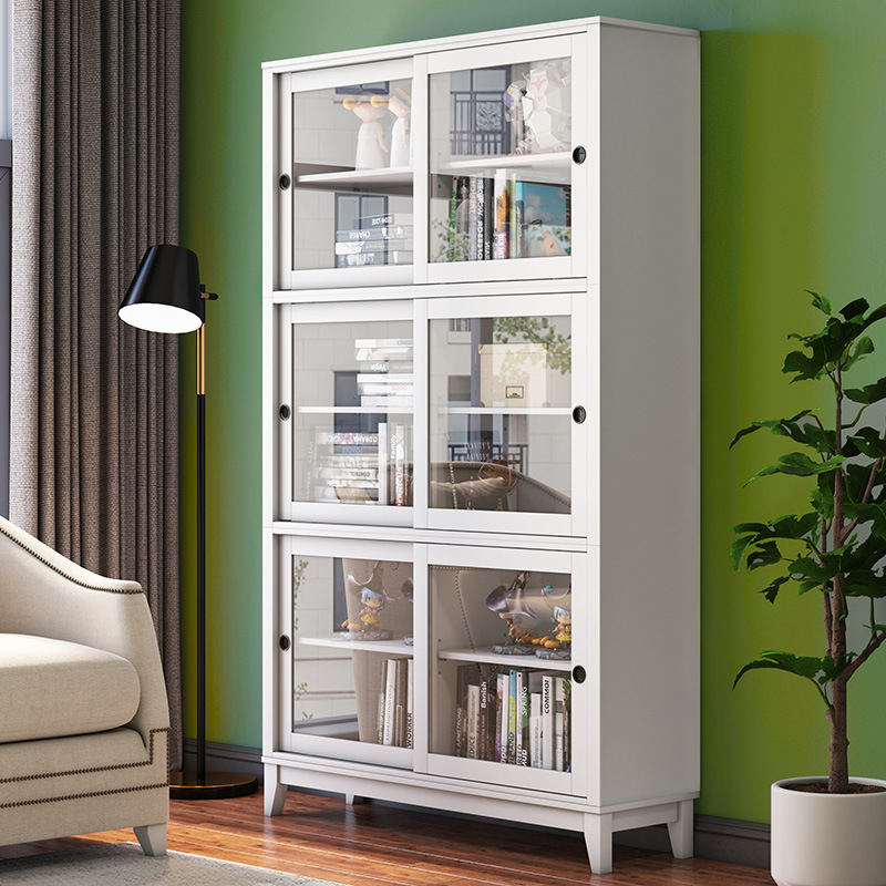 美式实木推拉门书柜带玻璃展示柜手办客厅移门储物柜收纳书架靠墙