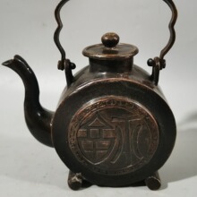 仿古铜壶摆件 复古工艺铜圆形酒壶提梁壶家居装饰工艺品 古玩批发