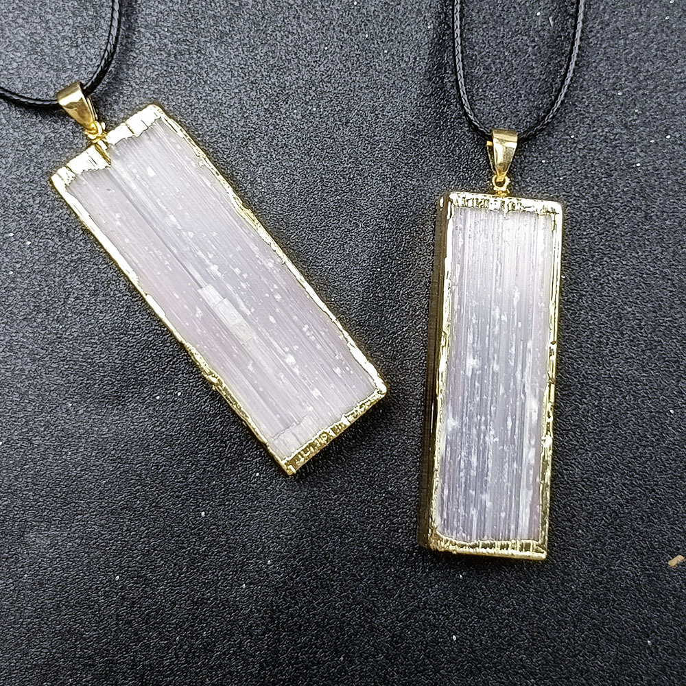 Natural Crystal Natural Stone Moroccan Gypsum Pendant Gypsum Bar Plated Necklace Rough Stone Electroplating Edge Hanging Ornament