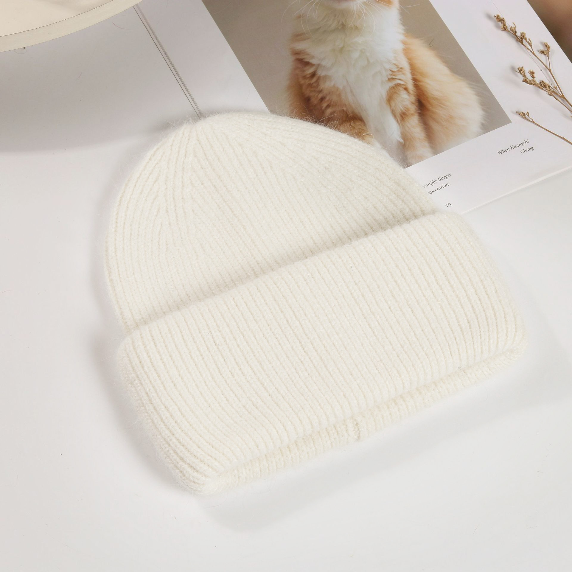 Winter Hat Korean Style Rabbit Fur Sleeve Cap Hat Female Angora Rabbit Fur Knitted Hat All-Matching Warm Woolen Cap