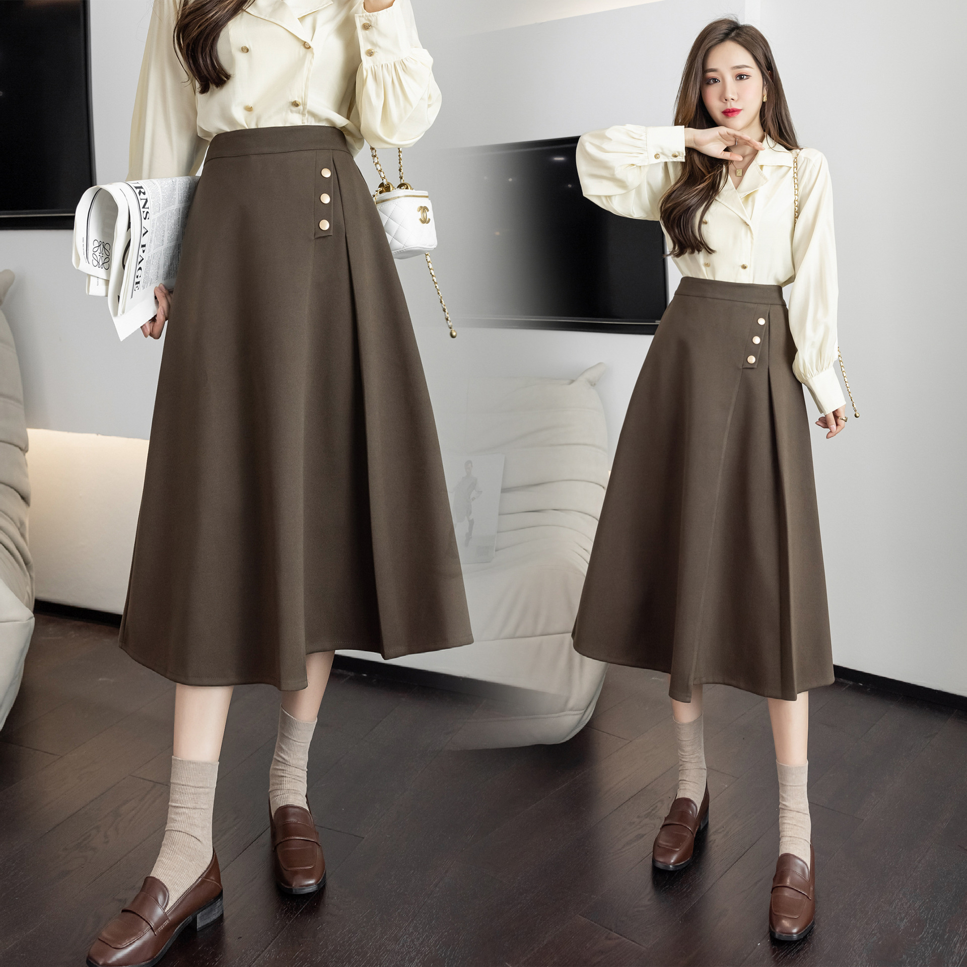 实拍不规则半身裙女毛呢2021新款高腰中长款气质a字裙子显瘦伞裙