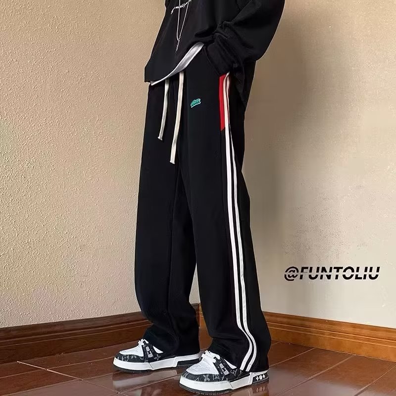 High-Grade Pu Handsome Casual Pants Men's Spring Fashion Brand Striped Loose Drooping Pants Men's Straight Wide Leg Sports Pants