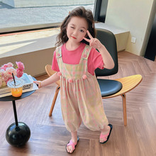 女宝宝夏季格子背带裤套装韩版洋气小女孩时髦夏装薄款短袖两件套