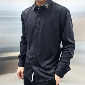 春夏季薄款衬衫男修身领口剌绣字母寸衣商务潮流帅发型师纯色衬衣