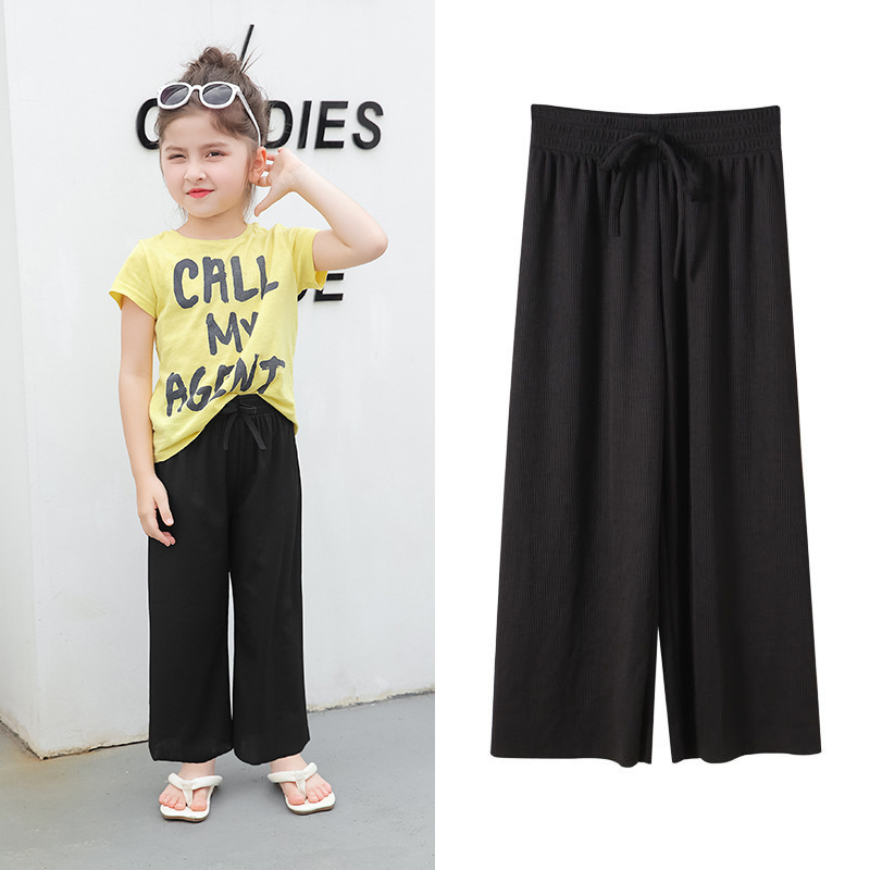 Girls' Anti-Mosquito Pants 2023 New Summer Thin Children's Pants Medium and Big Children Loose Casual Ice Silk Cropped Wide-Leg Pants