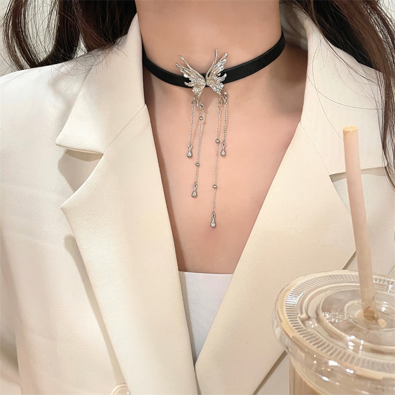 蝴蝶流苏choker颈链女颈带设计感皮绳项链2023新款脖子配饰-阿里巴巴
