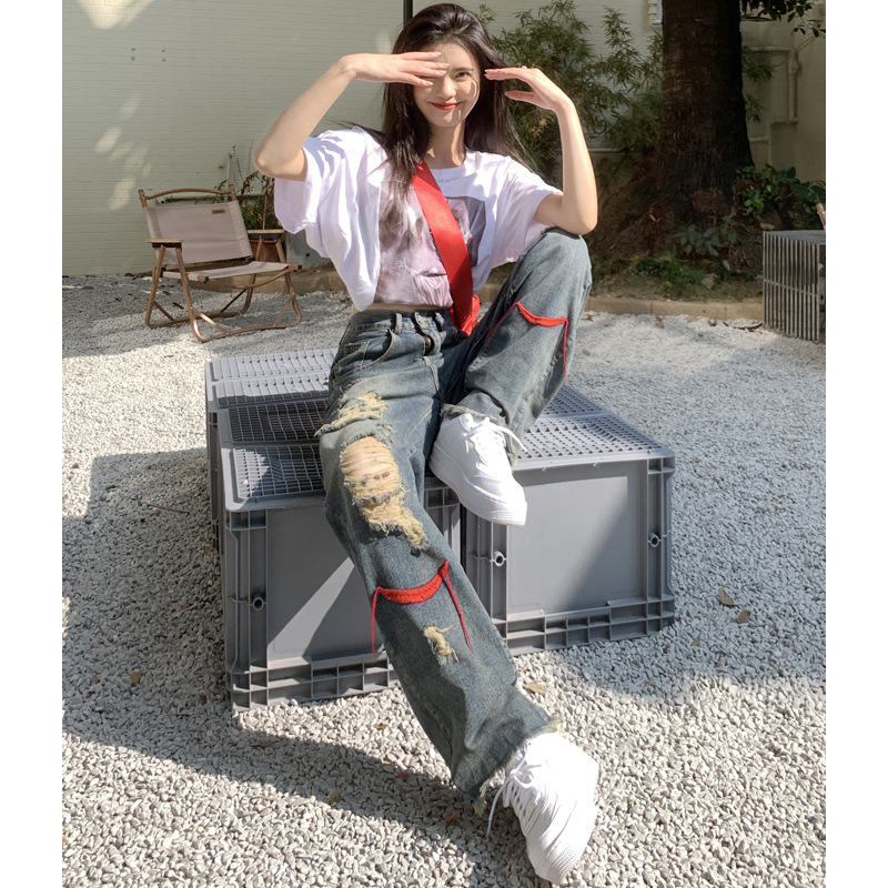   American Style Retro Tattered Jeans Wide eg Jeans Women's Summer New High Waist Distressed Ins Street Straight Mopping Pants Fashion