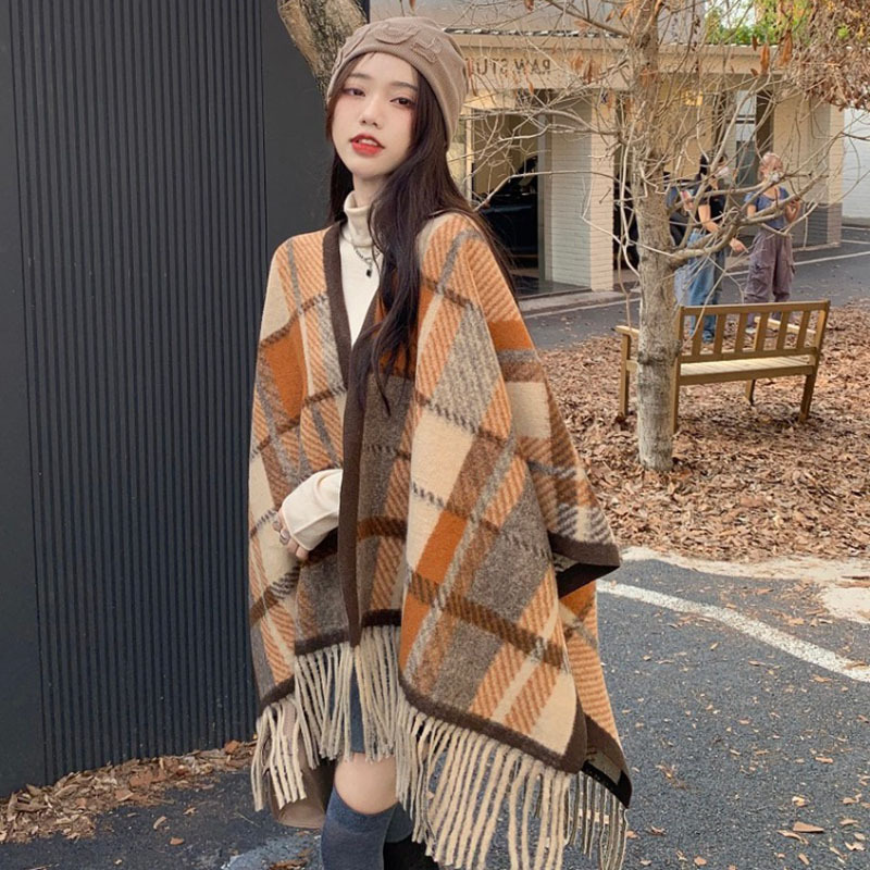 Korean Style Cashmere-like Air Conditioner Shawl Outer Match Internet Celebrity Cloak Autumn and Winter New Niche Retro Plaid Warm Scarf for Women