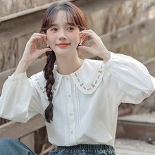 实拍2024春季新款韩版甜美chic娃娃领刺绣文艺衬衣女长袖白色衬衫