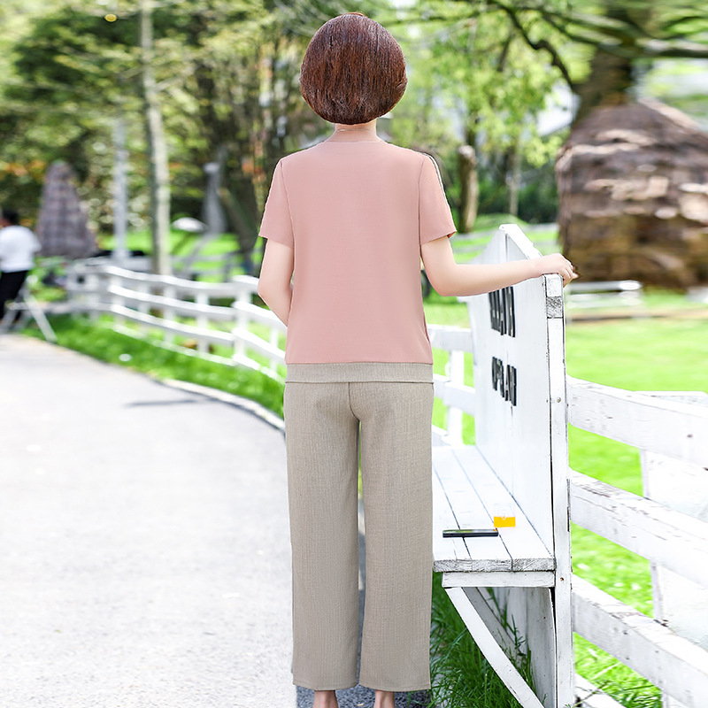 Mom Summer Clothes Fashionable Set That Makes You Look Younger 2024 New Middle-Aged and Elderly Fashion Two-Piece Suit Middle-Aged Women's Short-Sleeved T-shirt