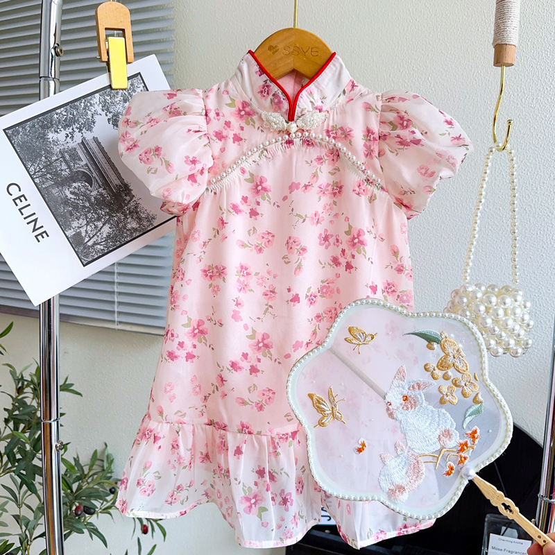 Girls' summer New Pearl crystal buckle cheongsam dress for children's clothing baby dress Western style TX567 image