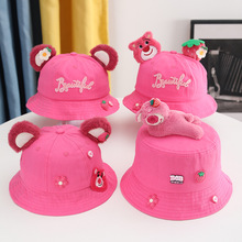 儿童盆帽春秋季布款卡通草莓粉红耳朵小熊儿童渔夫帽