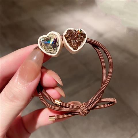 South Korea New Double Heart Shape Rhinestone Thin Hair Ties All-Matching Graceful Ponytail Hair Ring High Elasticity Does Not Hurt Hair Accessories