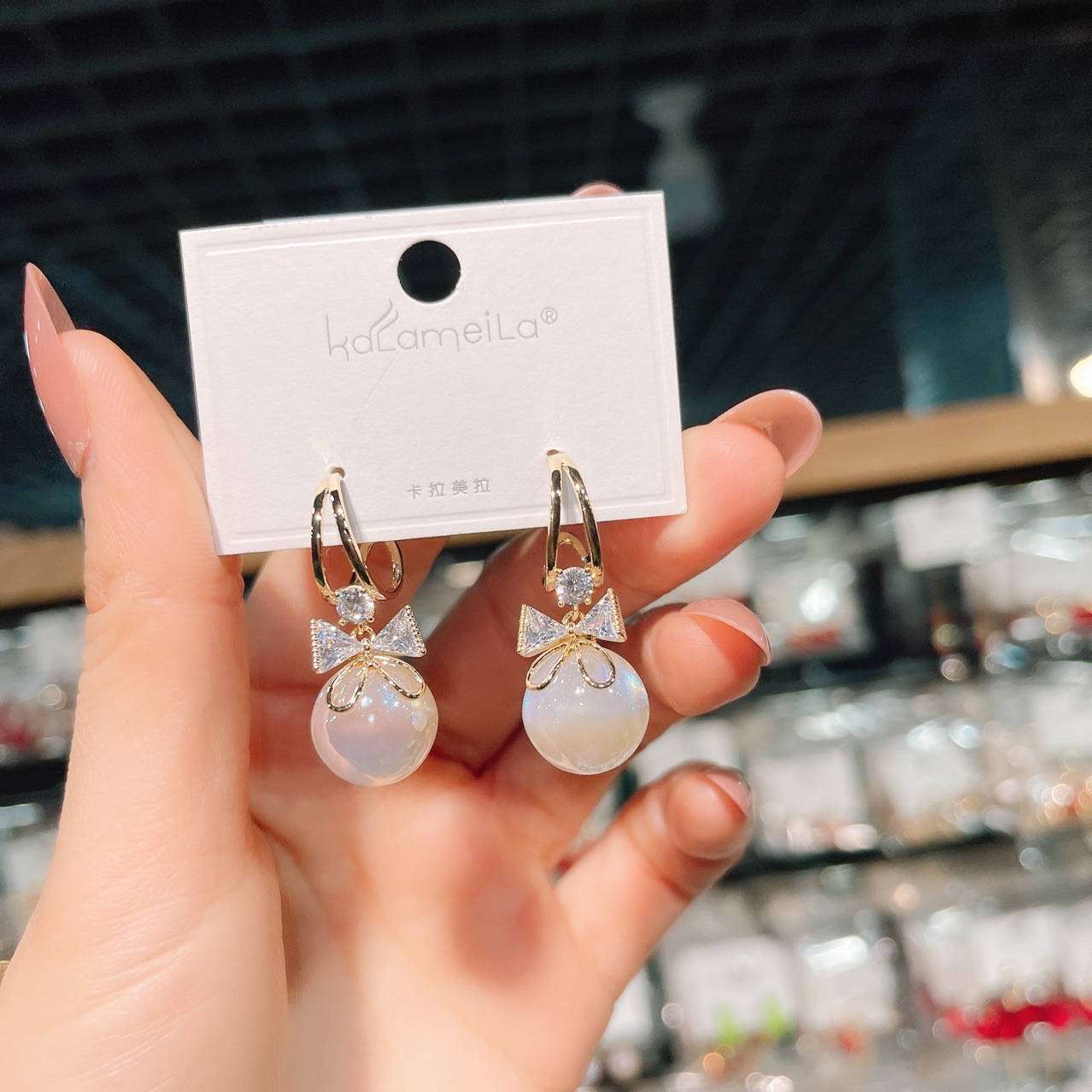 卡拉美拉耳饰韩版人工锆石镶嵌蝴蝶结人鱼姬珍珠耳坠925银针耳环