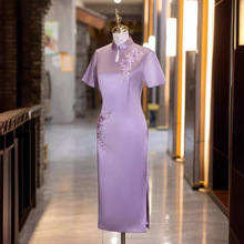 高端春夏新款香芋紫薯喜婆婆婚宴礼服修身显瘦妈妈刺绣旗袍