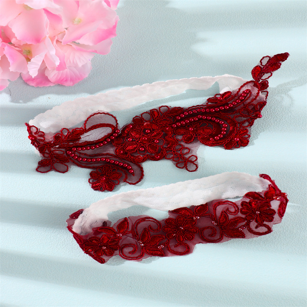 亚马逊跨境欧美腿环红色吊袜带新娘婚礼弹力腿带珍珠蕾丝吊袜带