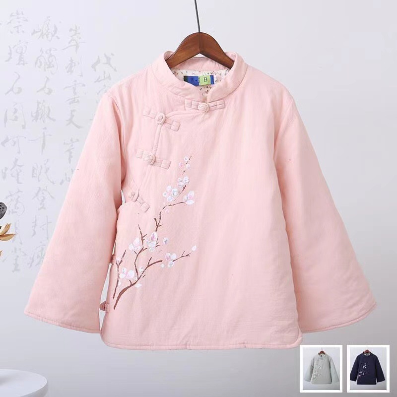 棉服女装新款中国风棉麻斜襟棉衣素雅梅花禅意茶服外套唐装小棉袄