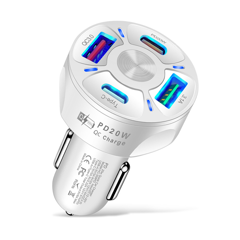 PD 20W + Type-c Qc3.0 USB 3.1A Fast Charge Car Charger Car Charger One for Four Multi-Port Car Charger