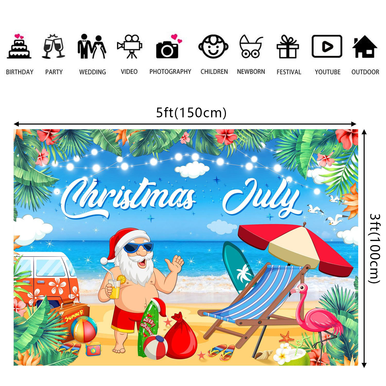 Christmas July Background Fabric Christmas Banner Party Decoration Supplies Beach Flamingo Photo Background