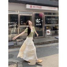 韩系套装女夏季薄荷绿假两件绑带短袖恤显瘦蛋糕裙半身裙两件套