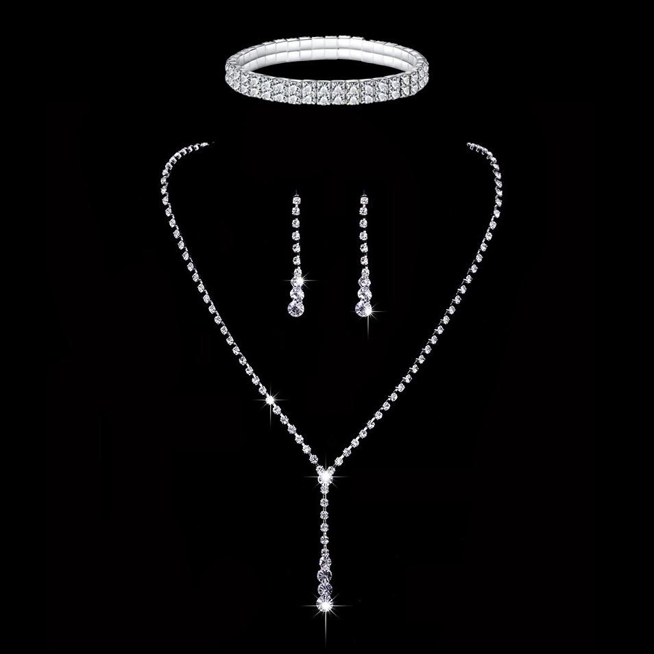 European and American Simple Tassel Rhinestone Necklace Bridal Rhinestone Necklace Stud Earrings Set Three-Piece Wedding Jewelry N6366