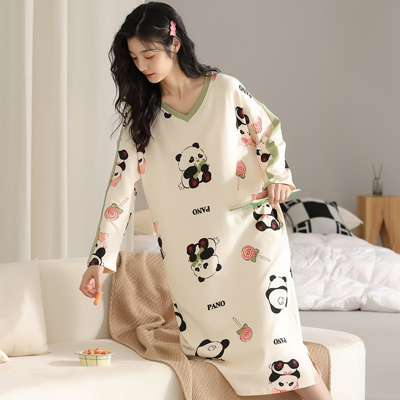 women‘s cotton pajamas with chest pad spring and autumn long-sleeved nightdress casual loose-fitting loungewear outer wear cotton homewear