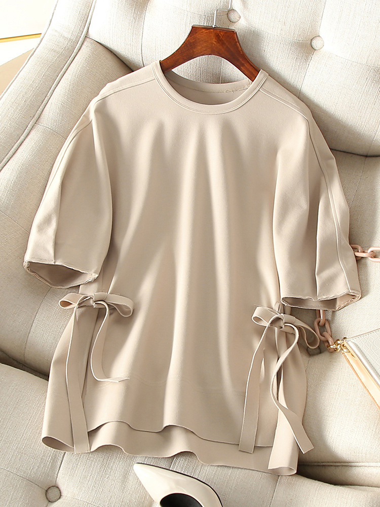 杏色棉混纺腰间系带泡泡袖开叉t恤上衣女