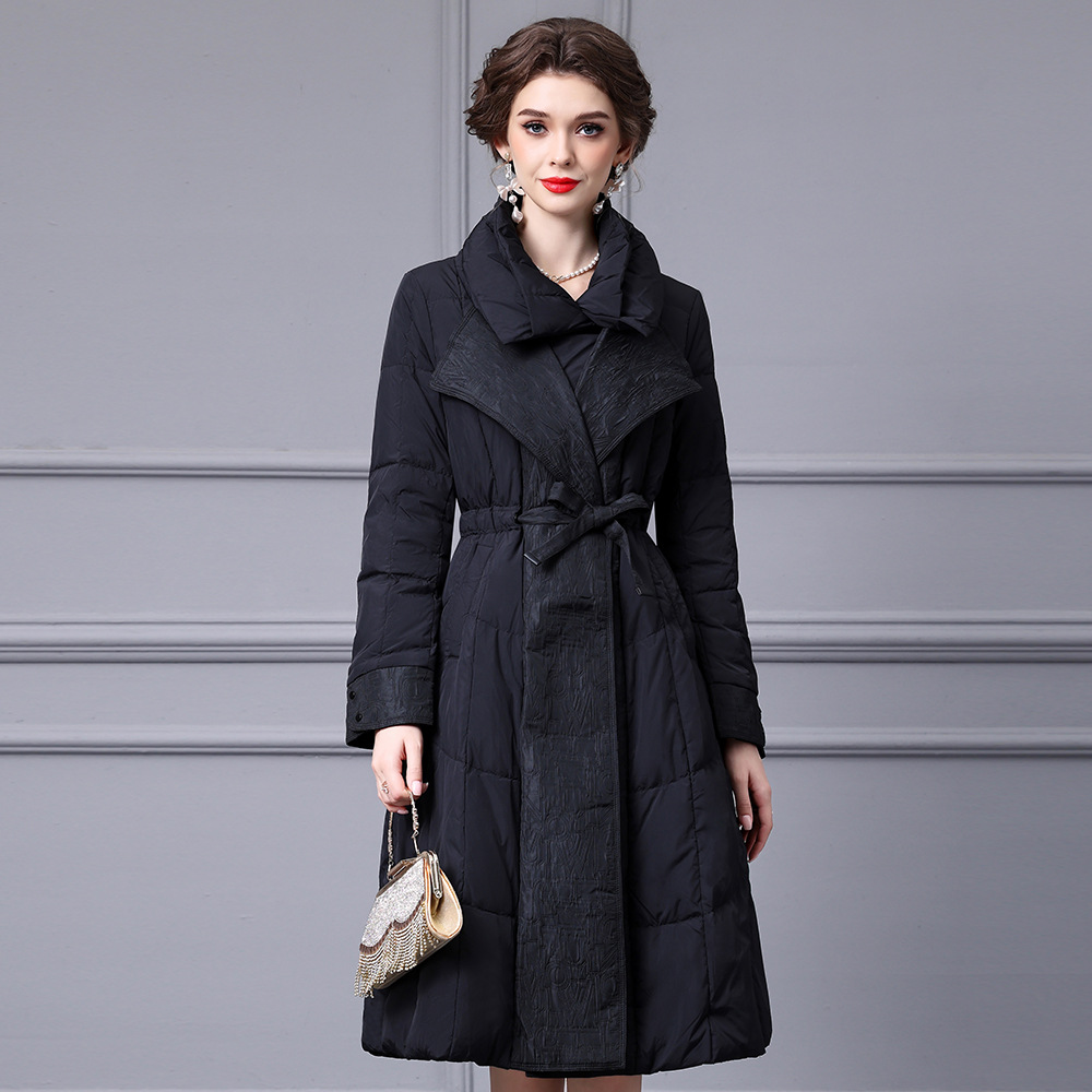 智丽2023年新款女装外套黑色系腰带a型白鸭绒羽绒服女冬季中长款