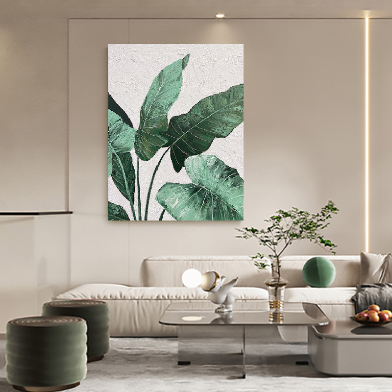 Hand-Painted Texture Painting Modern Minimalist Decorative Painting Living Room Light Luxury Hanging Painting Banana Leaf Green Vertical Leaf Oil Painting