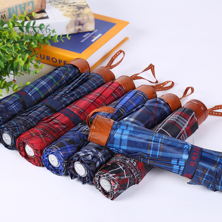 Factory Wholesale Three Fold Collapsable Pole 10 Bone Business Plaid Umbrella Men's Creative Plaid Umbrella