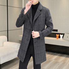 抖音款 英伦风格子羊毛大衣男 冬季新款青年修身单排扣中长款外套