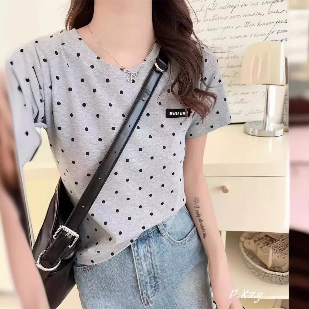 ad 夏季新品女装百搭韩版女士短袖t恤薄棉麻圆点印花女款小衫休闲
