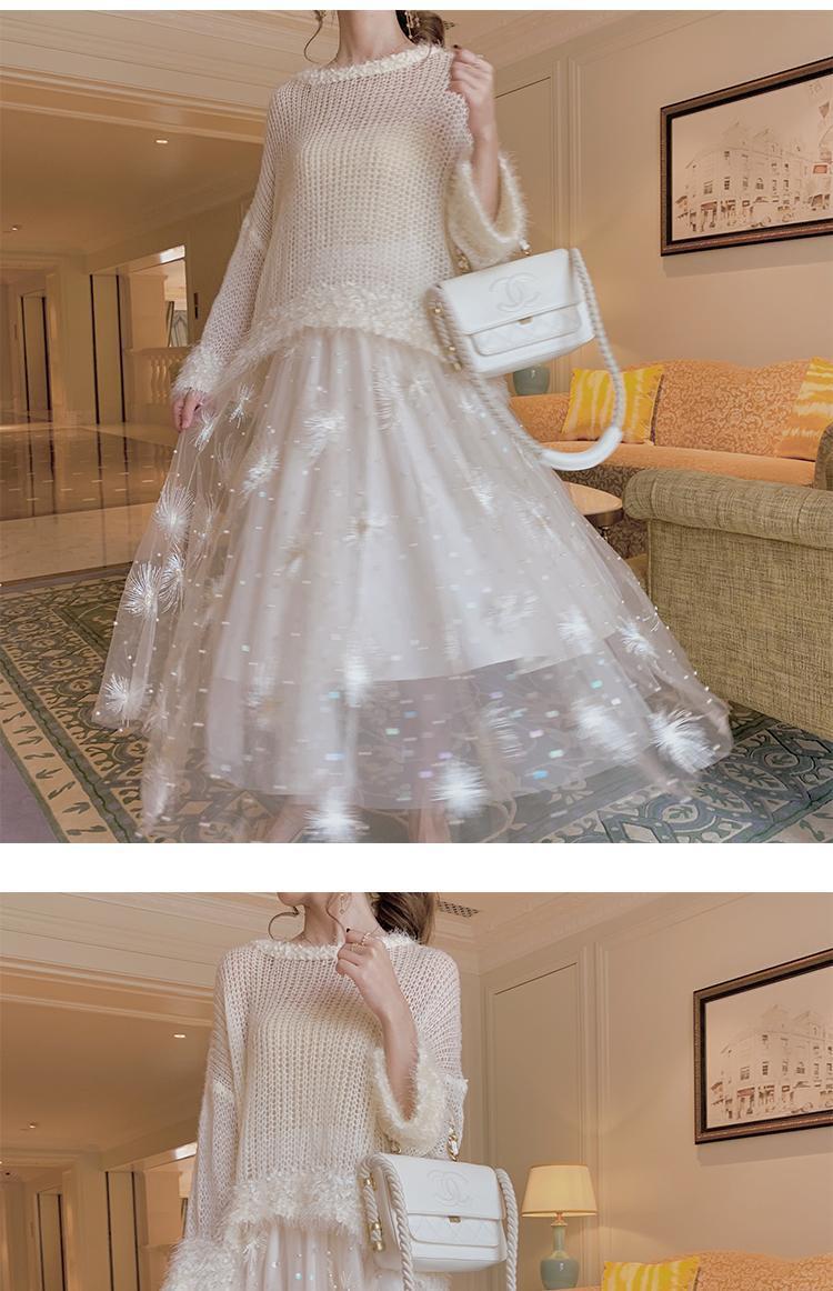 a字裙初秋新品仙女风甜美味中长款配毛衣冬高腰珍珠网纱半身裙子