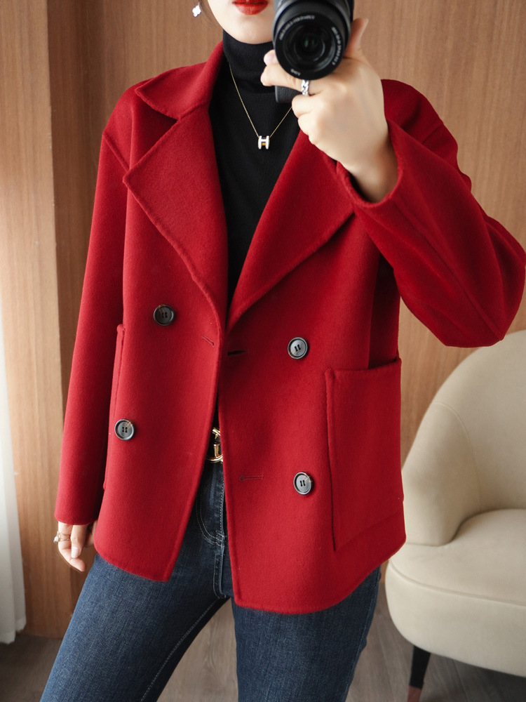 Yue Ou Double Breasted Short Wool Overcoat Women's Clothing Korean Style Autumn and Winter New Double Sided Cotton Woolen Handmade Cardigan Coat