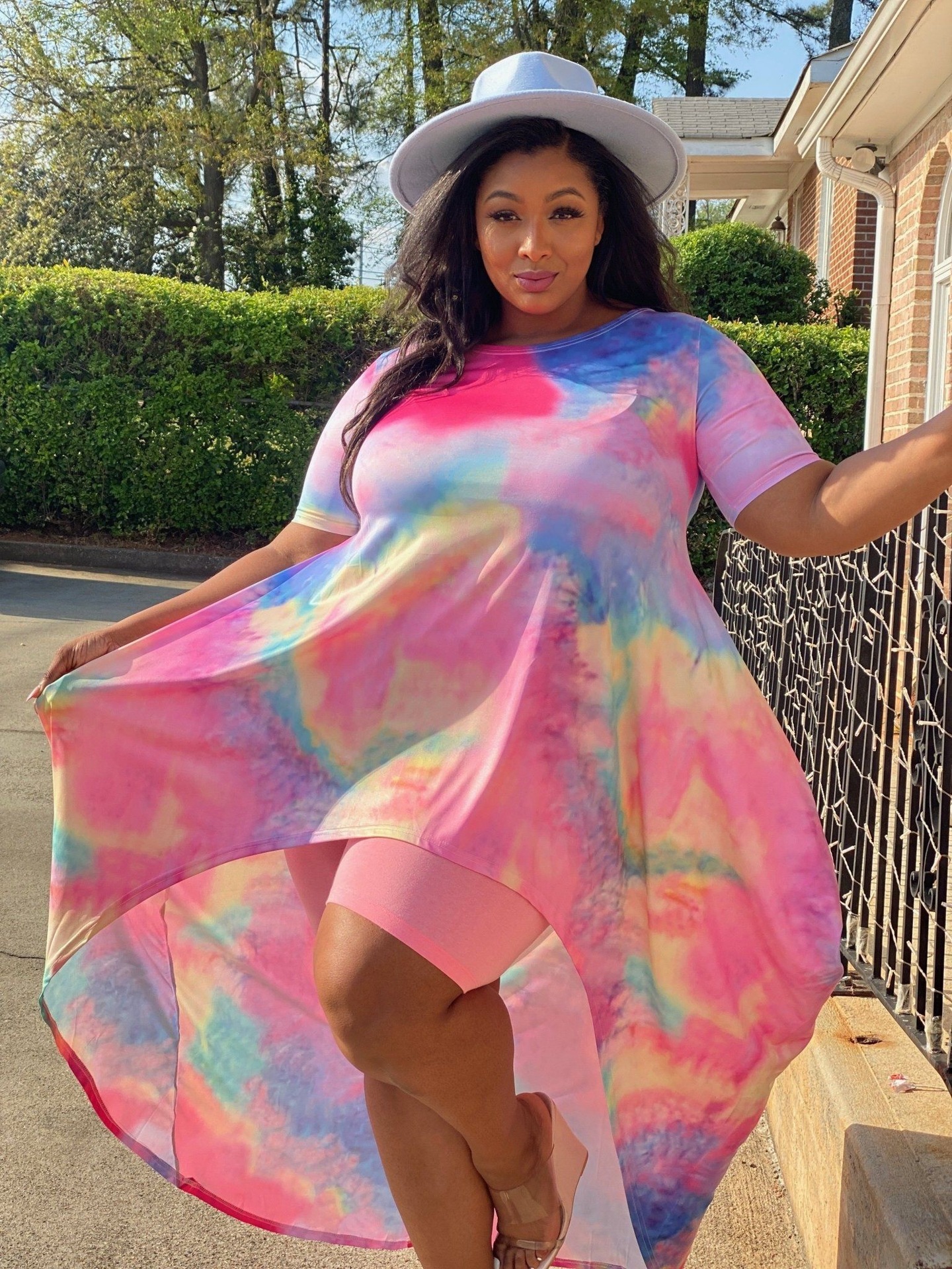 1007#独立站wish欧美女装大码肥婆短袖大摆扎染印花连衣裙