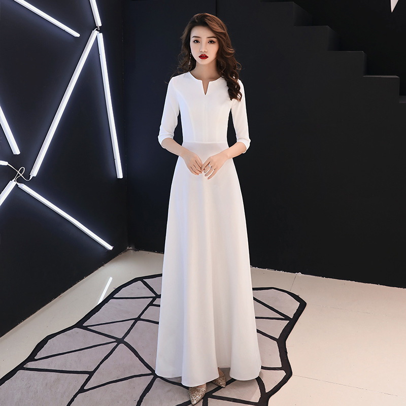 白色晚礼服2021新款女长裙长袖演出服姐妹裙聚会修身主持年会礼服