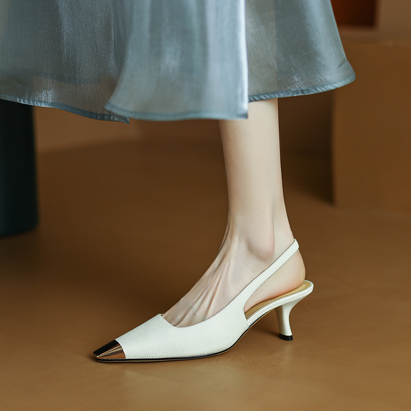 40大码白色高跟鞋简约春夏新款金属包头后空全皮凉鞋细跟浅口女鞋